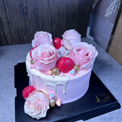 Blush Petals & Macaroon Elegance Cake - Exquisite Pink Floral Cake