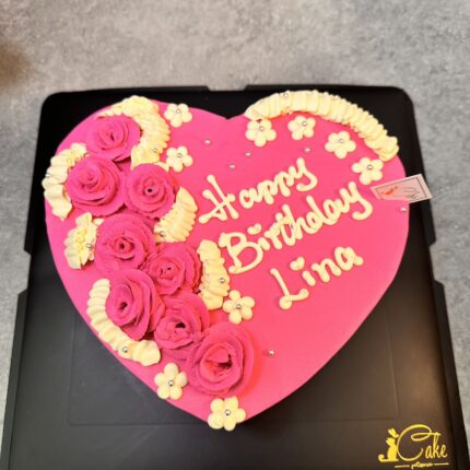 Vintage Elegance Blooms: Heart Hot Pink Flower Cake