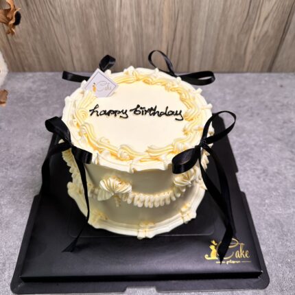 Vintage White Cake with Black Ribbons | iCake Melbourne