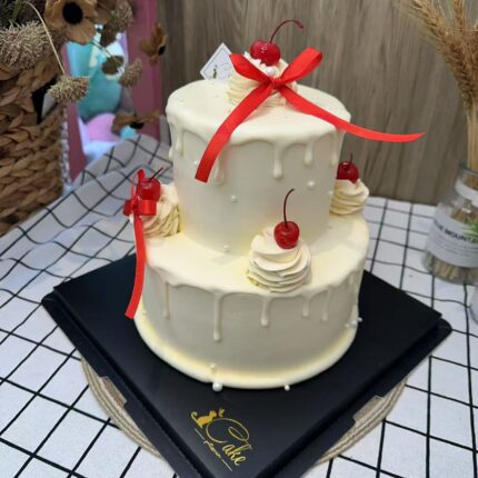 Chic White Cherry Cake – Touch of Elegance with Red Ribbons and Cherries | iCake Melbourne