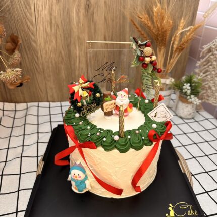 Festive Santa and Snowman Christmas Cake with Red Ribbons | Perfect Holiday Gift