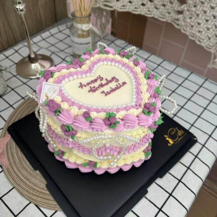 Vintage Heart Pearl Cake – Purple Retro Birthday Cake with Pearls in Melbourne