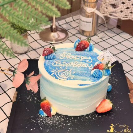 Dreamy Blue & White Strawberry Birthday Cake