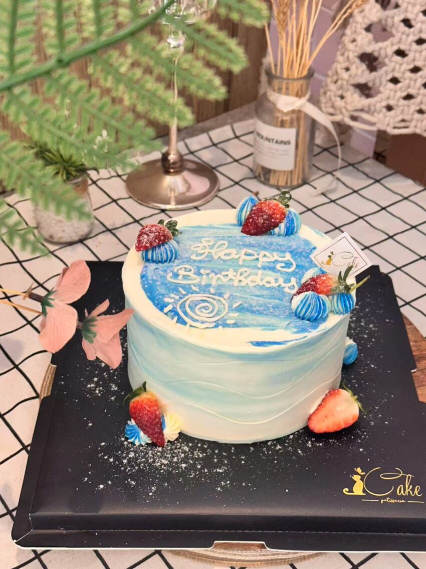 Dreamy Blue & White Strawberry Birthday Cake