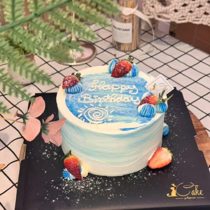 Dreamy Blue & White Strawberry Birthday Cake