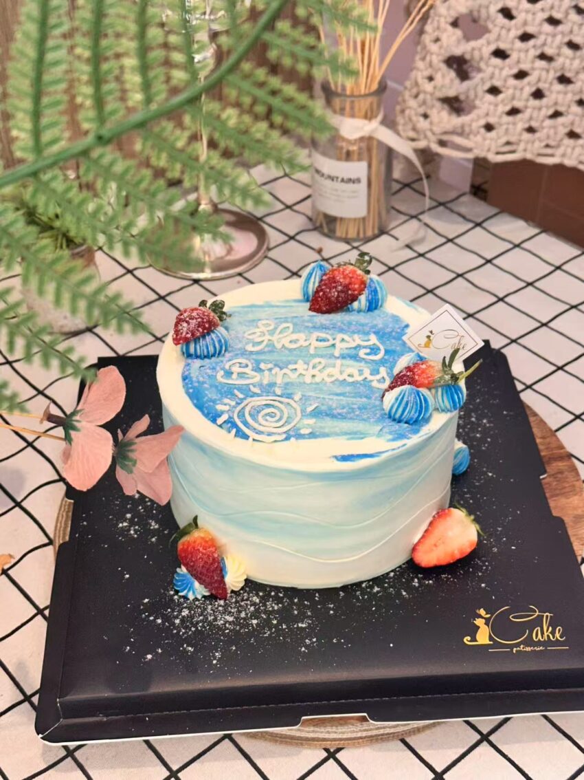 Dreamy Blue & White Strawberry Birthday Cake