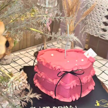 Pink Heart Retro Cake with Black Ribbon