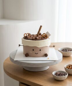 Chocolate Jellycat-inspired chiffon cake with a white cream cap, wafer roll, pretzels and chocolate arms and feet by iCake Melbourne