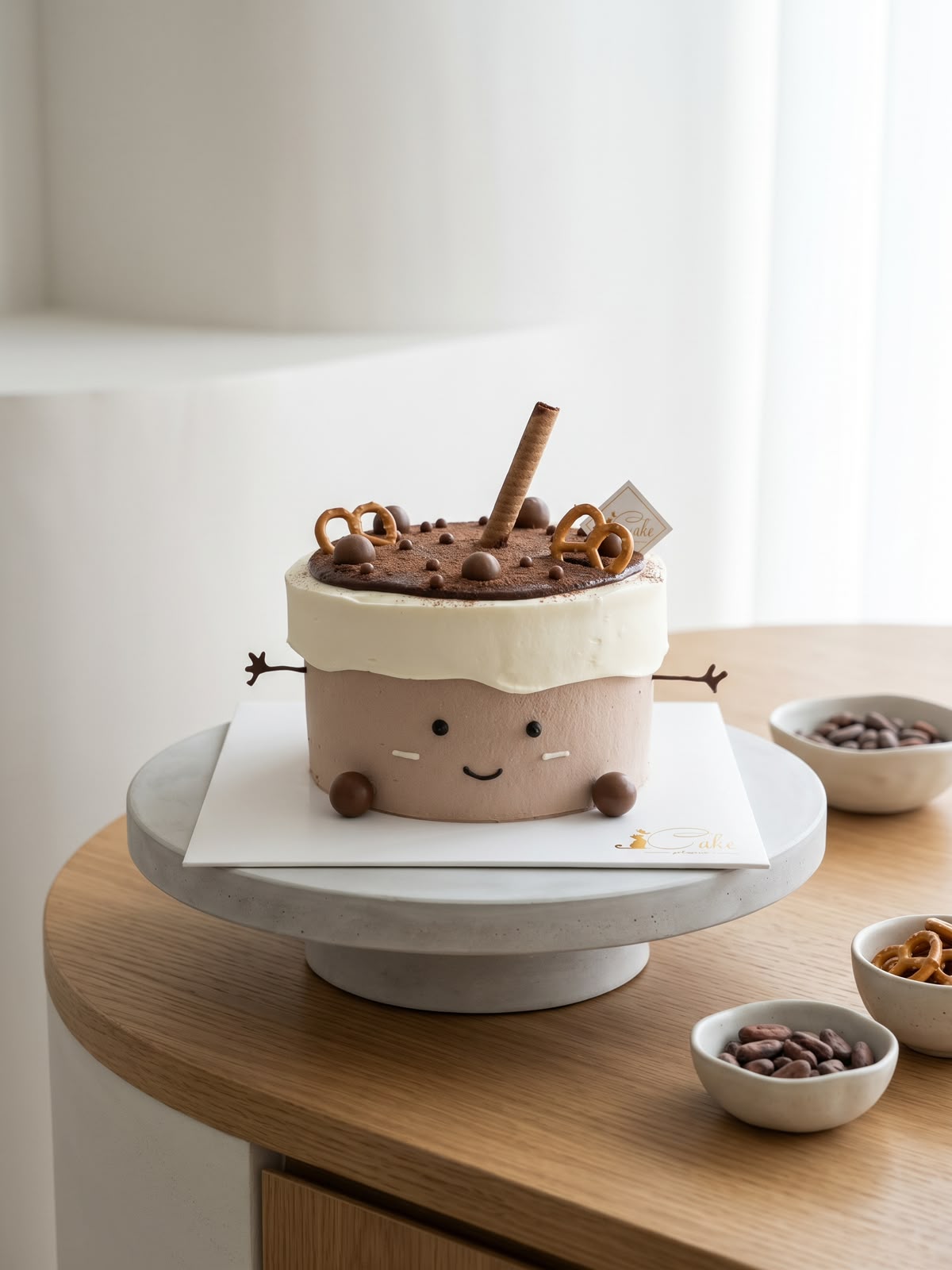 Chocolate Jellycat-inspired chiffon cake with a white cream cap, wafer roll, pretzels and chocolate arms and feet by iCake Melbourne