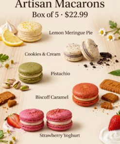 Artisan macaron flavour guide: Lemon Meringue Pie, Cookies & Cream, Pistachio, Biscoff Caramel and Strawberry Yoghurt. Box of 5 for $22.99.