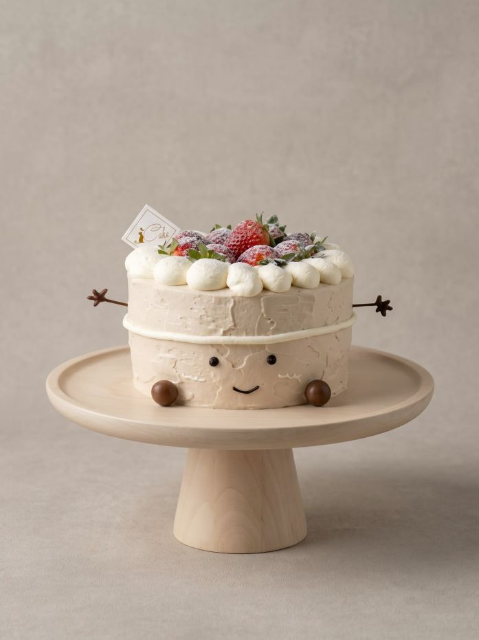 Milk tea Jellycat-inspired chiffon cake with a smiling face, chocolate arms, cream crown and strawberries by iCake Melbourne